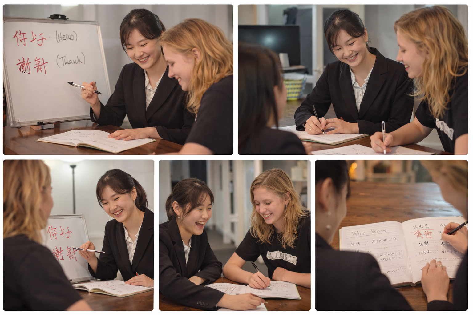 Tutor and student working together during a Mandarin lesson with Chinese characters on whiteboard